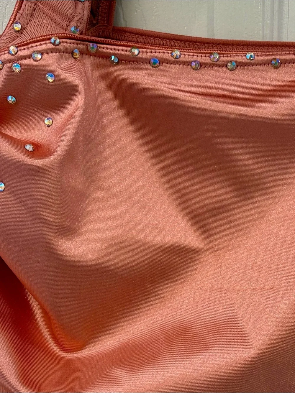 CXL Light Pink Satin Dance Costume with Sequins and Stones and Asymetrical Skirt